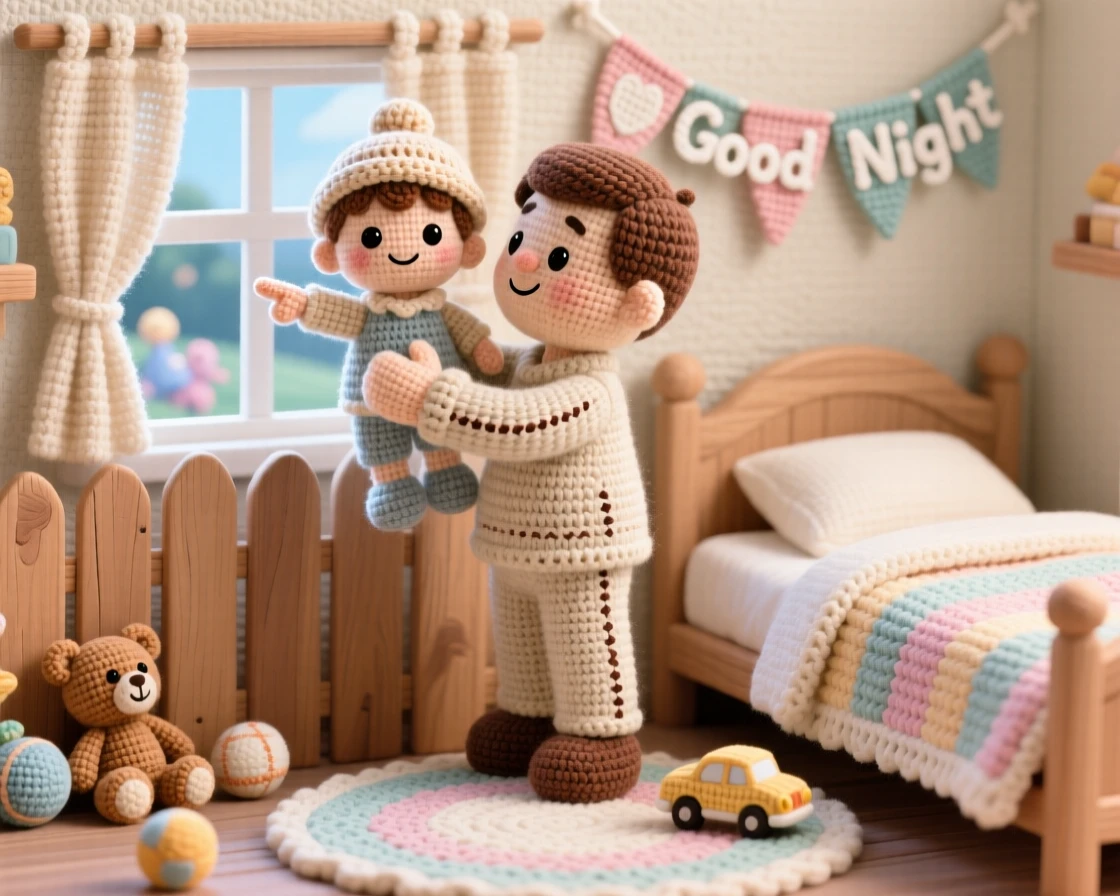 A heartwarming family moment: a father lifting his child up to see over a fence both watching something exciting beyond, pointing out what caught their eye within a cozy bedroom decorated for a good night's sleep; a scattering of toys tidied nearby nearby, full of heartfelt closeness and shared happiness.