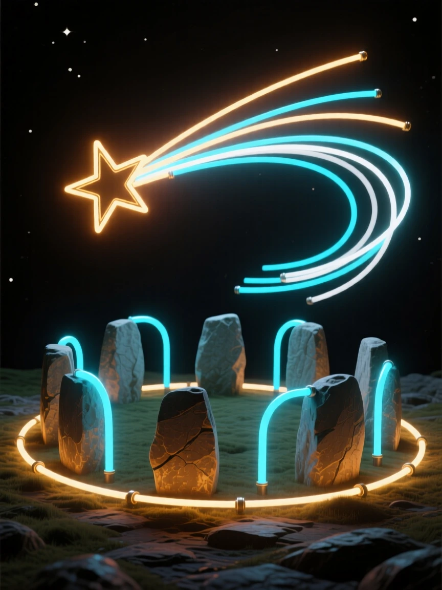 A shooting star crossing the sky above an ancient stone circle.