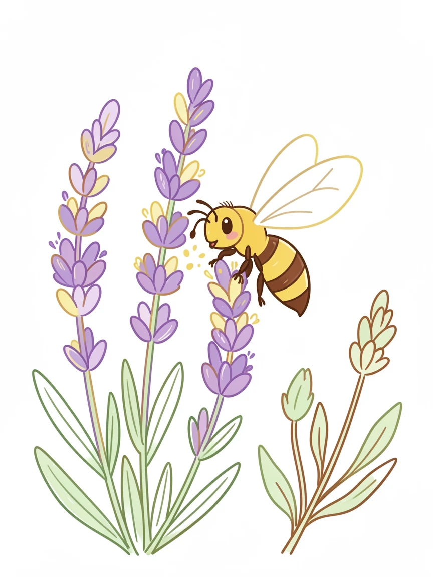 A close-up of a garden bee gathering pollen from a lavender stalk.