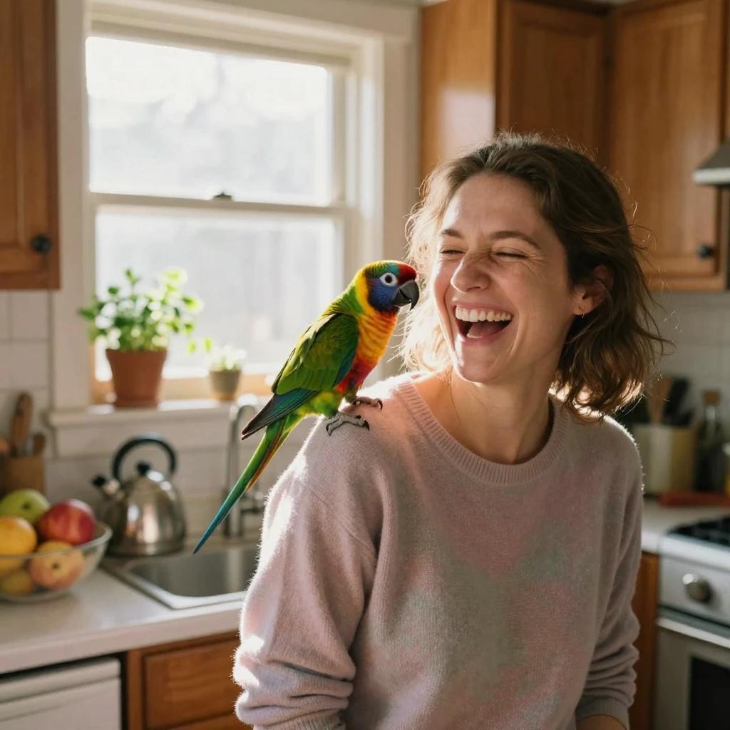 A parrot mimics its owner's laugh while perched on her shoulder in a sunlit kitchen.