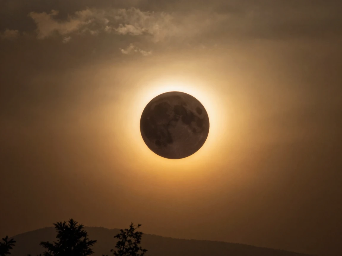 A solar eclipse casting an eerie golden ring around a darkened sun