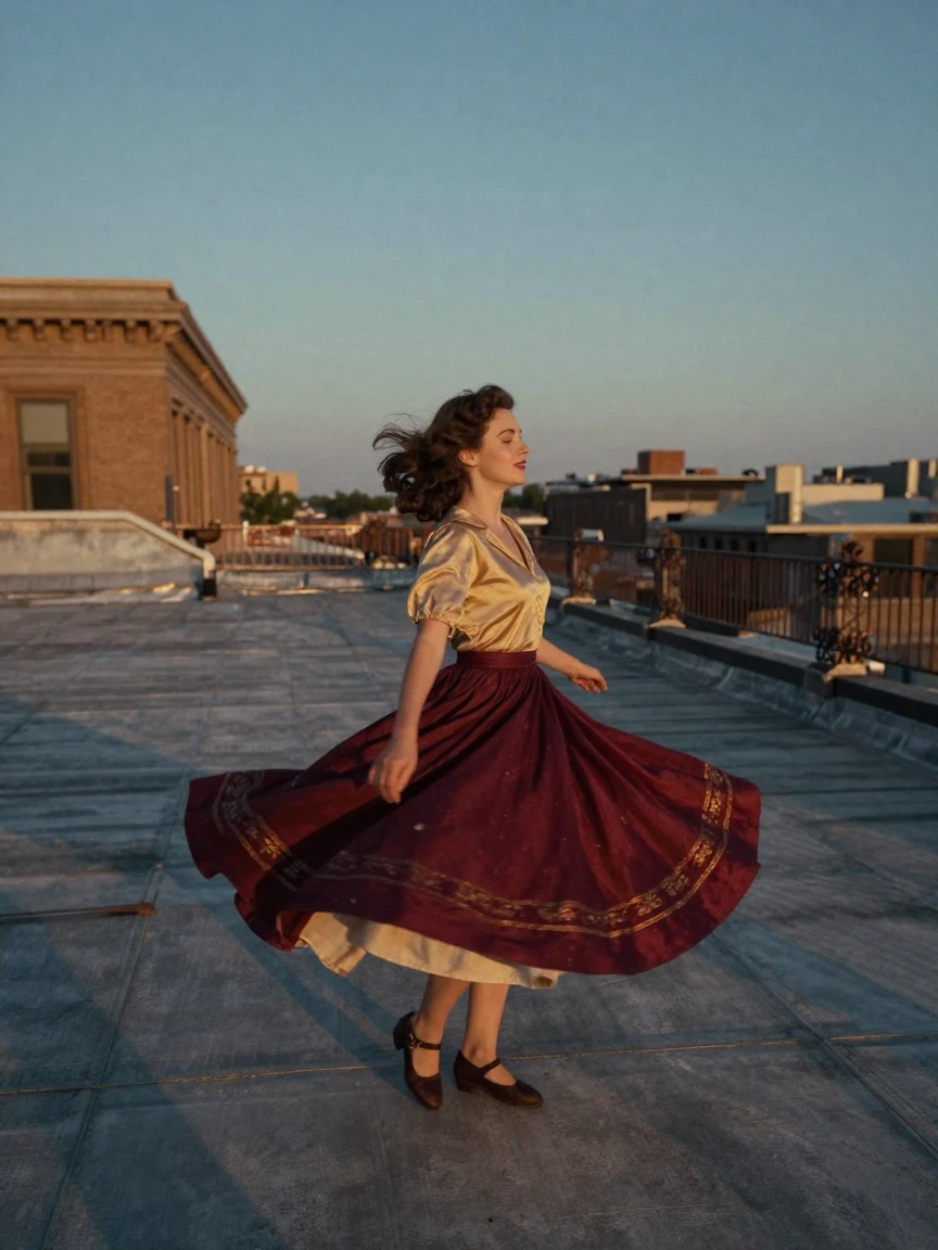 A young woman twirling in a full skirt on a sunlit rooftop, in cool blue twilight, with a soft breeze stirring the air, in the height of summer, with rich burgundy and gold accents, shot from directly overhead.