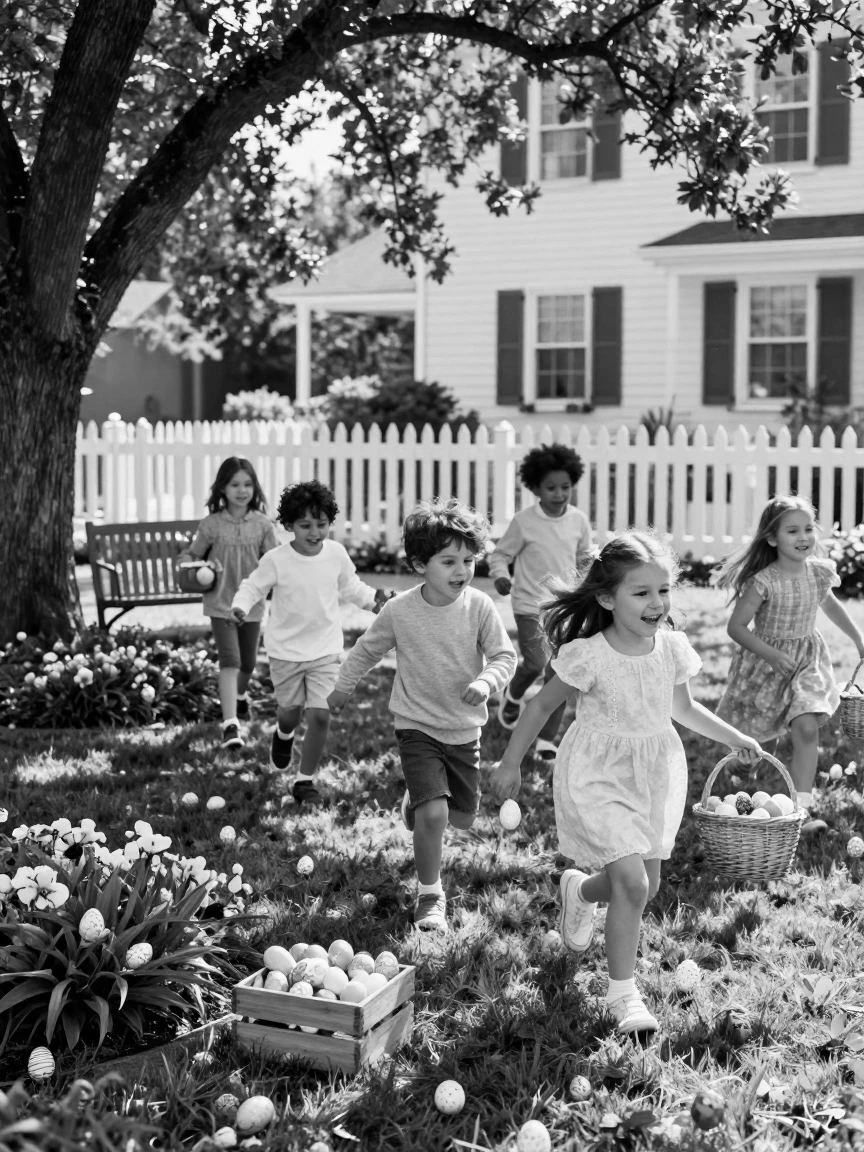 An Easter egg hunt sends children scrambling across the lawn in a sunny backyard.