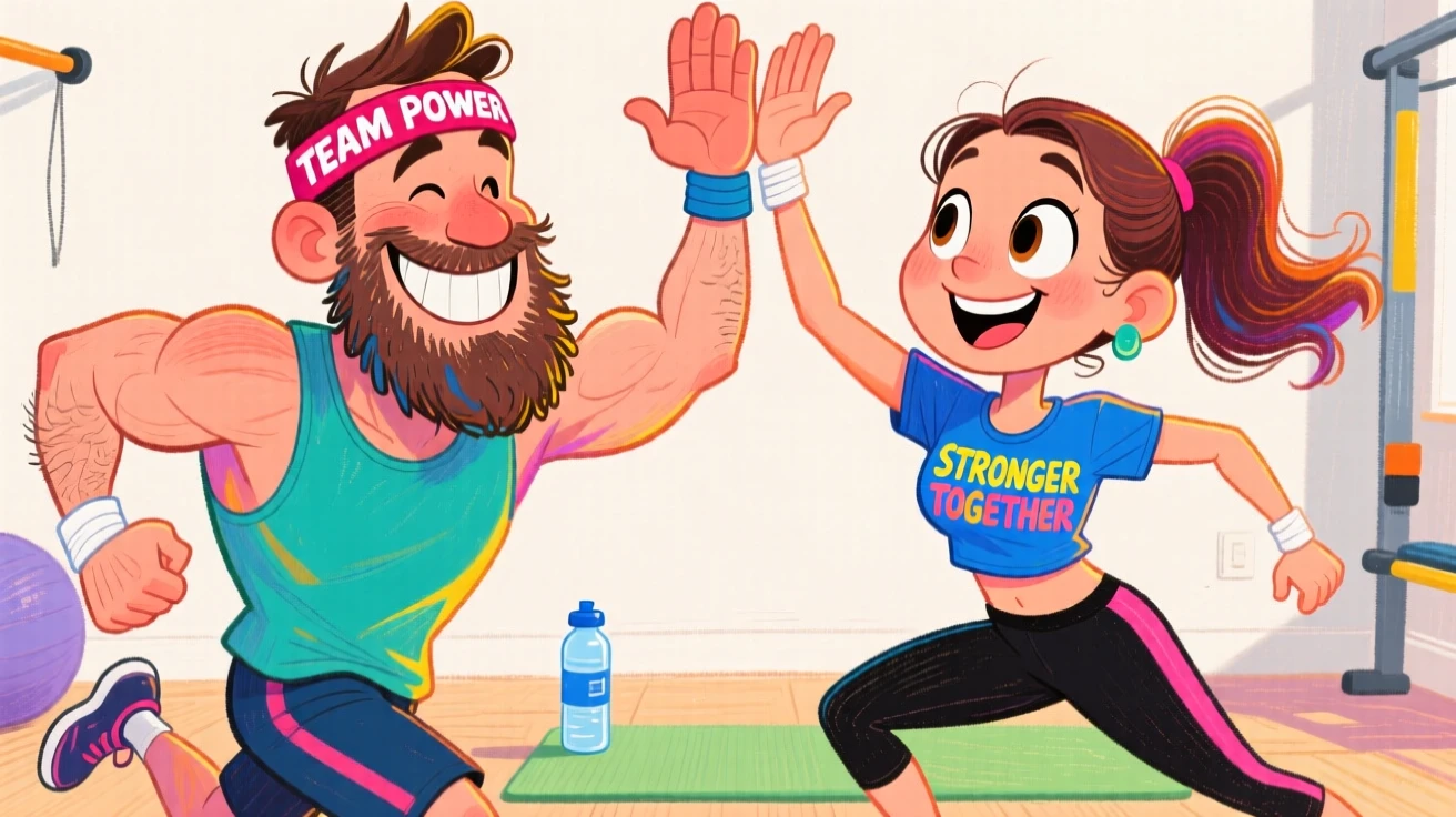 A couple doing a couples' workout challenge, high-fiving mid-exercise.