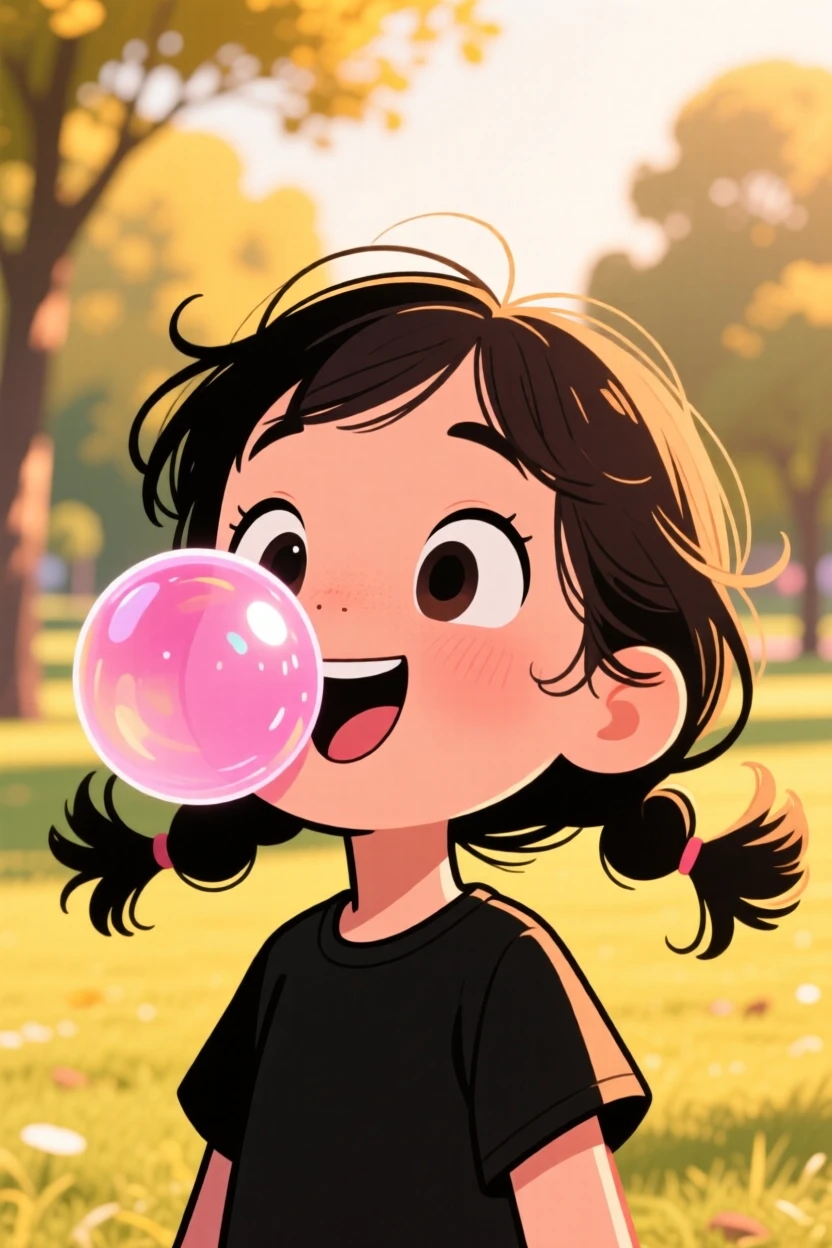 A playful childhood moment of a little girl blowing an enormous bubblegum bubble, as golden afternoon light glows warmly.
