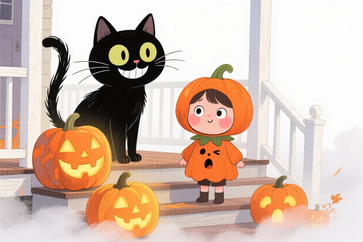 A charming seasonal scene of a Halloween scene with glowing jack-o-lanterns on a foggy porch