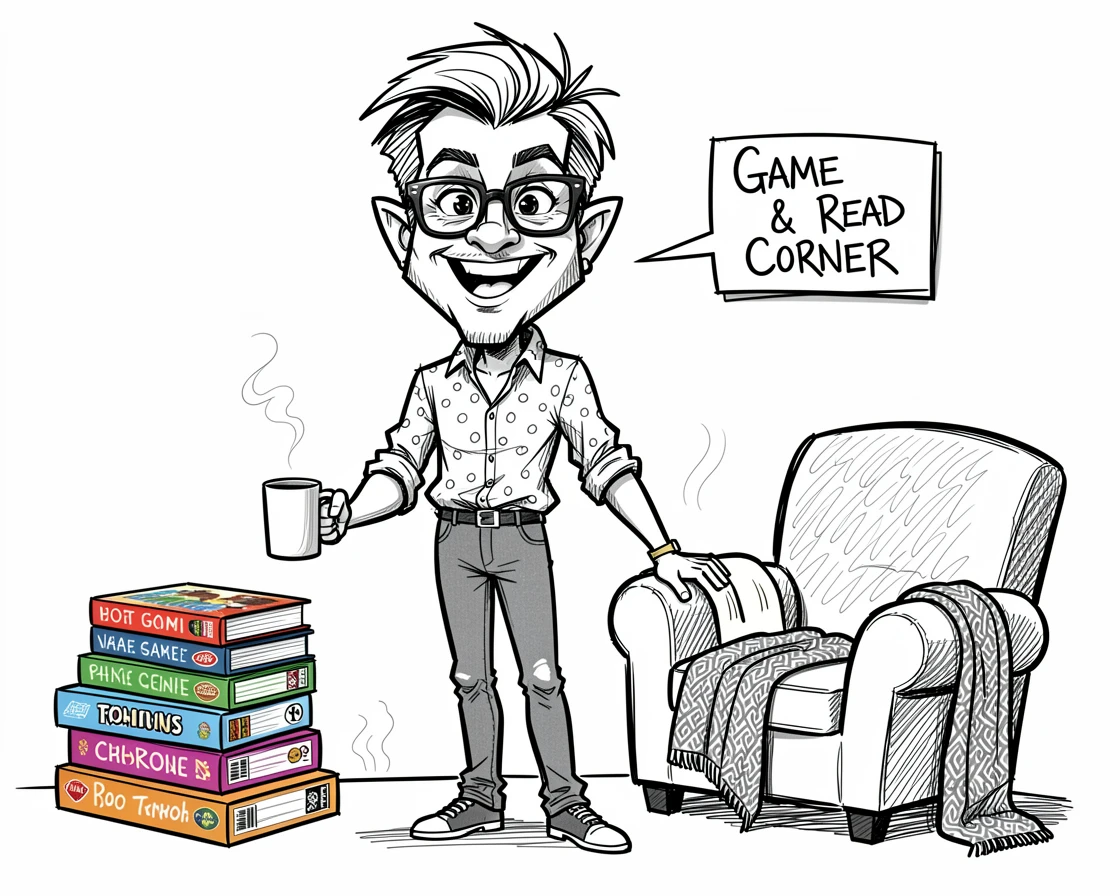 [Trending & Universal Topics] Modern lifestyle scene of a stylish board game host setting up a cozy reading nook, capturing everyday joy