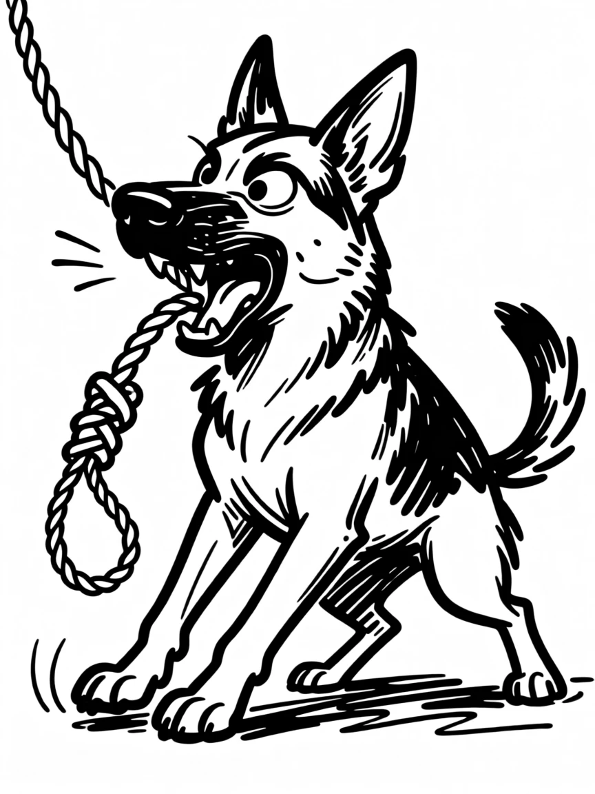 A german shepherd playing tug of war with a rope toy, back paws braced and determined.