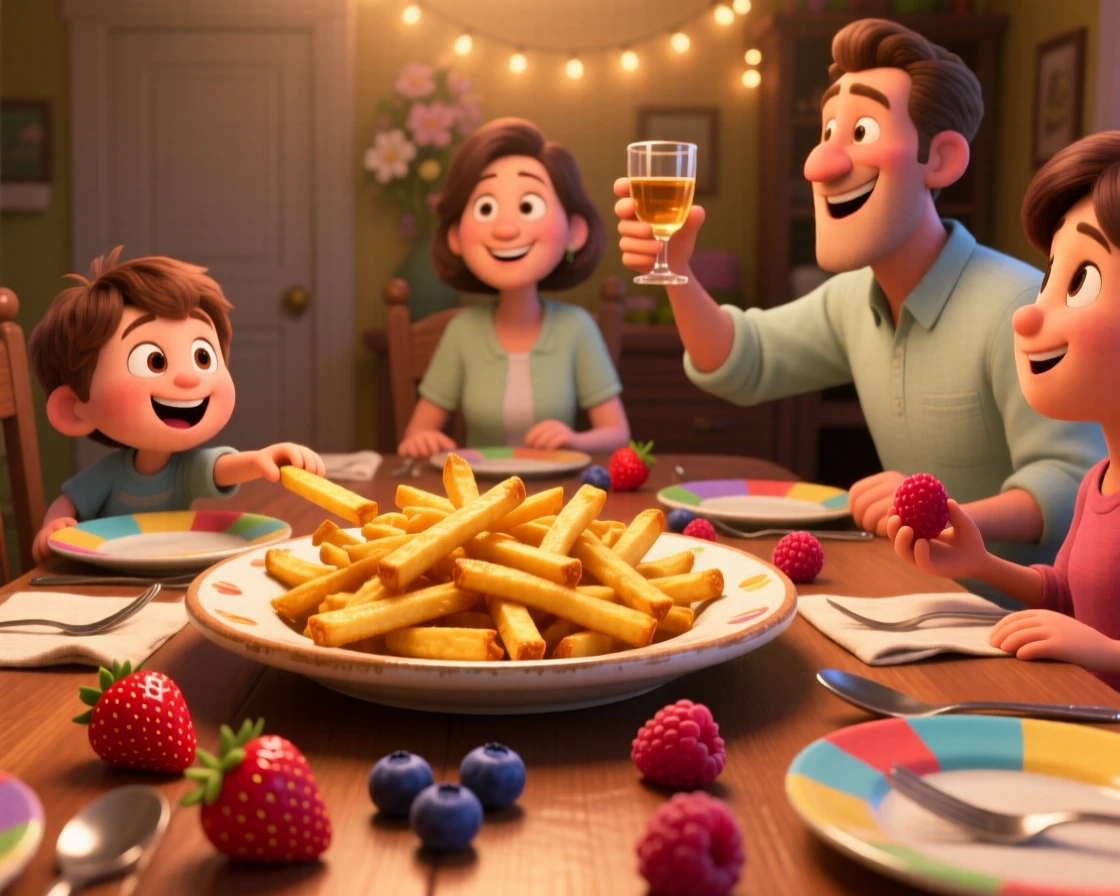 A plate of crispy golden fries sits at a family dinner table set for a celebration, surrounded by scattered fresh berries. The scene feels inviting, warm, and delicious.