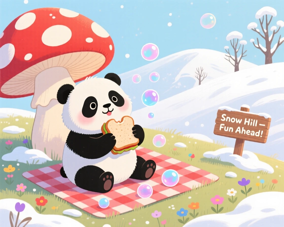 A round-bellied panda cub pauses from having a picnic under a toadstool to look up in a snow-covered hill, as tiny bubbles float upward.