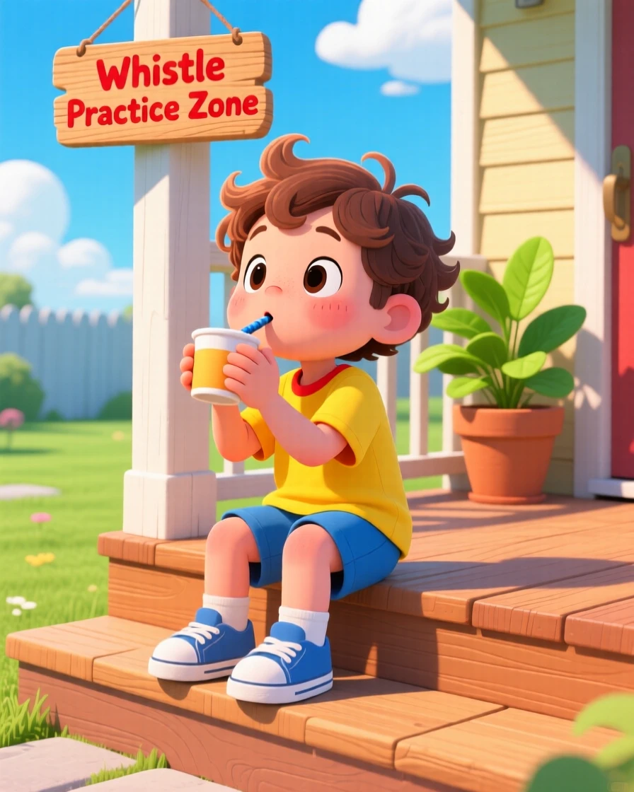 A child learning to whistle with cupped hands on a porch step.