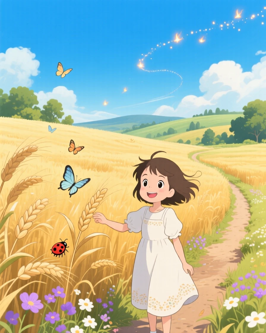 A summer scene of a golden wheat field swaying under a bright blue sky, as small details of the season fill every corner.