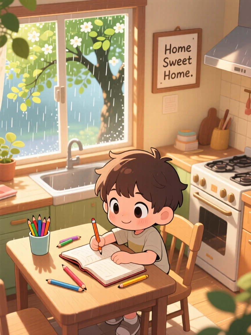 High aerial view: a small boy, doing homework at the kitchen table, set against a warmly lit kitchen during a gentle spring rain shower, with dappled sunlight through a canopy and a mood of quiet contentment.