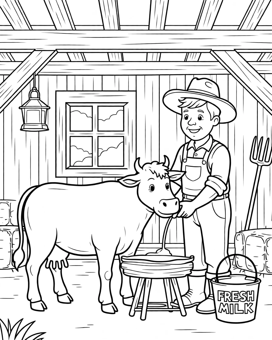 A farmer milking a cow in a cozy wooden barn