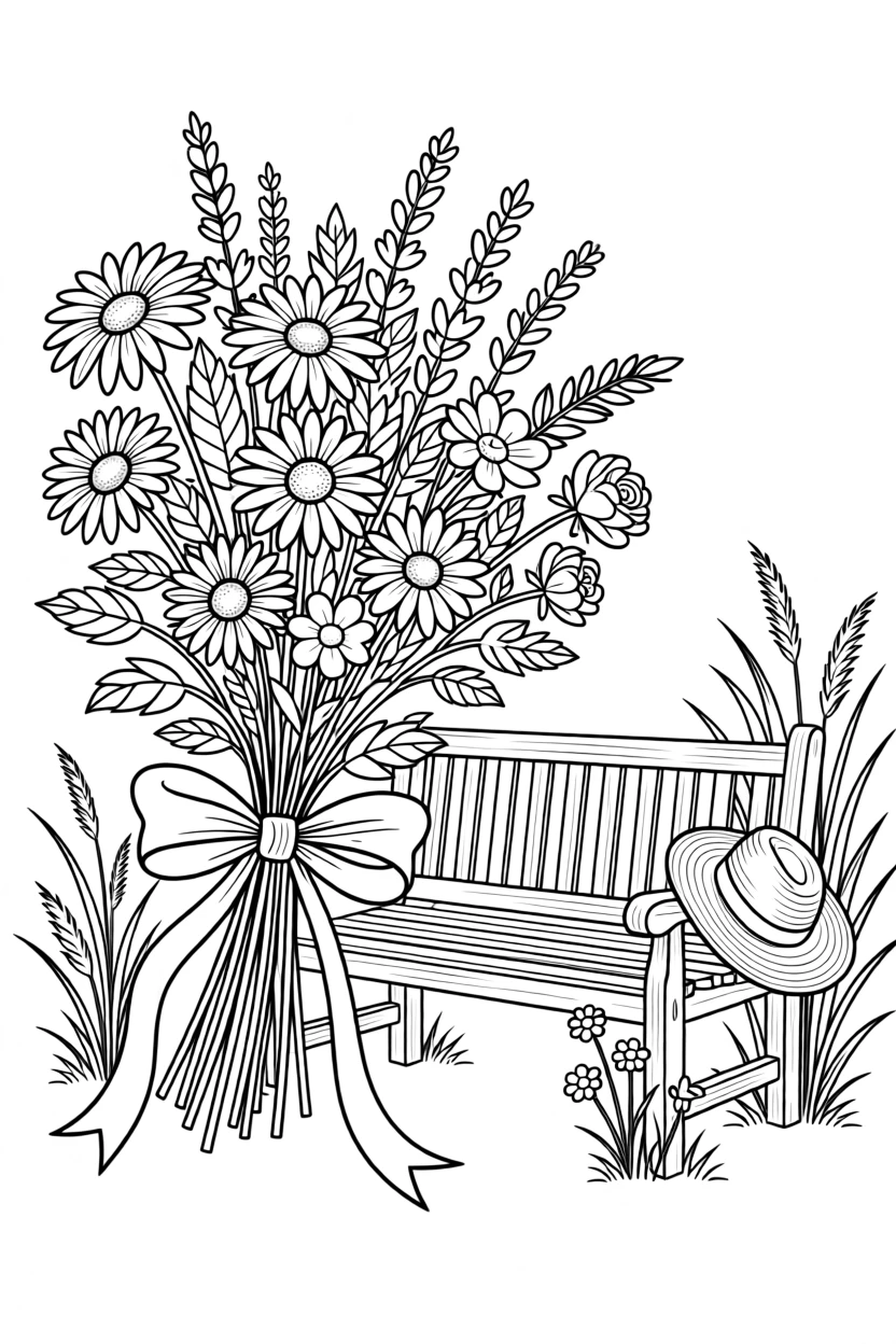 A bouquet of wildflowers tied with a ribbon, with a garden bench softly visible in the background.