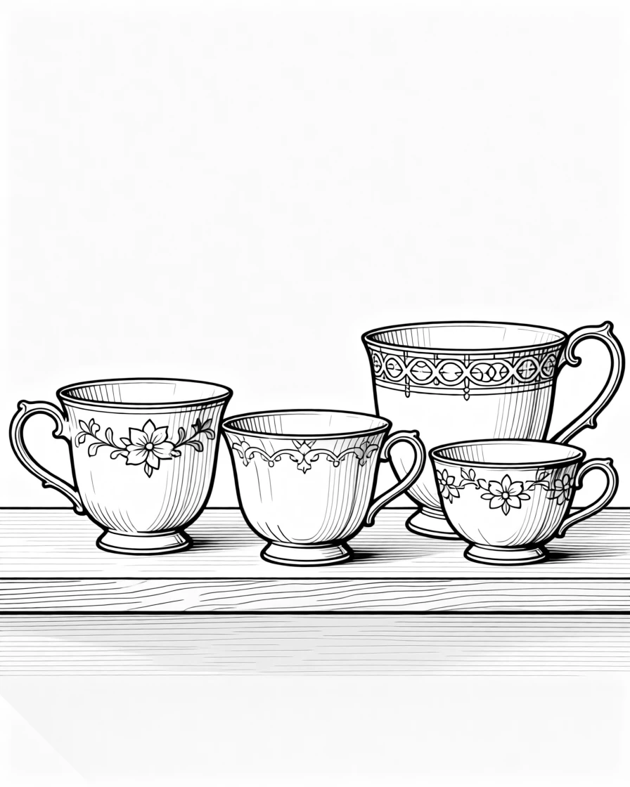 A collection of antique teacups displayed on a shelf