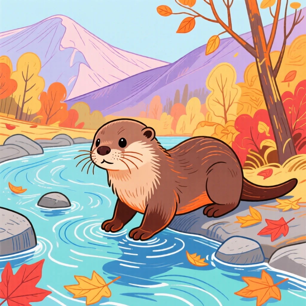 A baby otter exploring beside a mountain stream on a crisp autumn day.