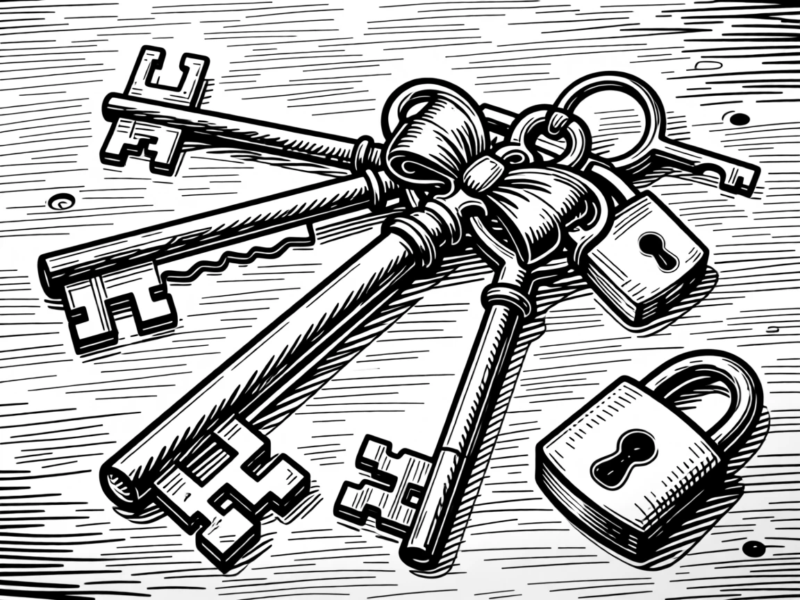 A collection of antique keys and locks arranged on a weathered wooden table.