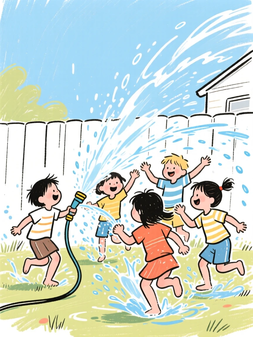 A group of kids splashing happily in a backyard sprinkler on a hot day.