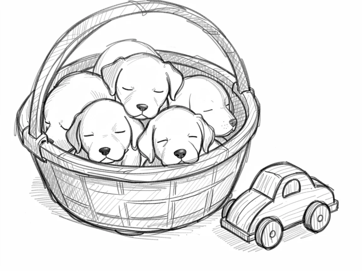 A basket of sleepy puppies, beside a small wooden toy, looking utterly adorable and at ease.
