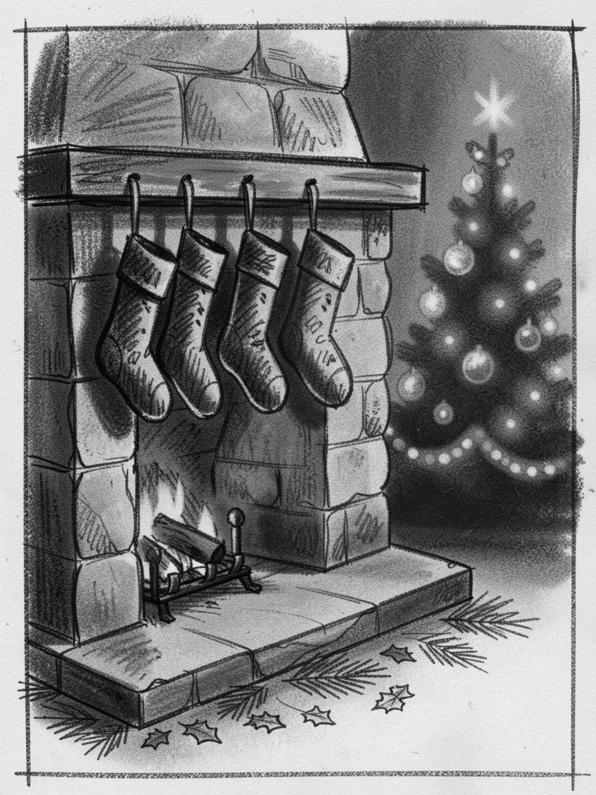 A quiet Christmas morning with stockings by the fireplace, as the last light of day fades to dusk.
