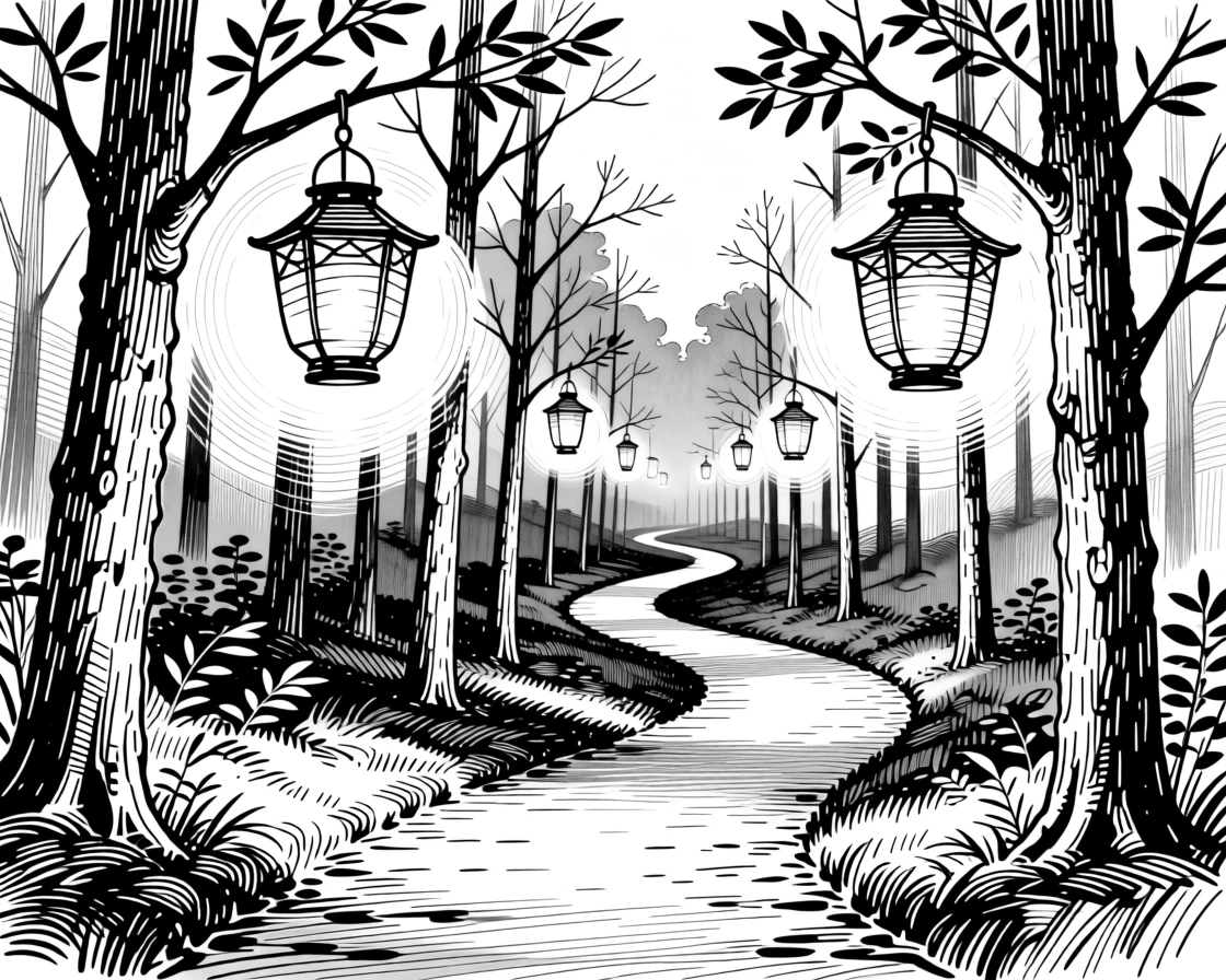 A winding trail of lantern lights leading through a quiet evening forest.