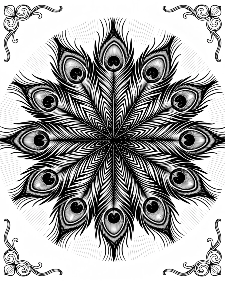 A radial burst of peacock feather patterns designed as an elegant decorative motif, with ornamental flourishes at each corner, forming a quietly mesmerizing decorative composition.
