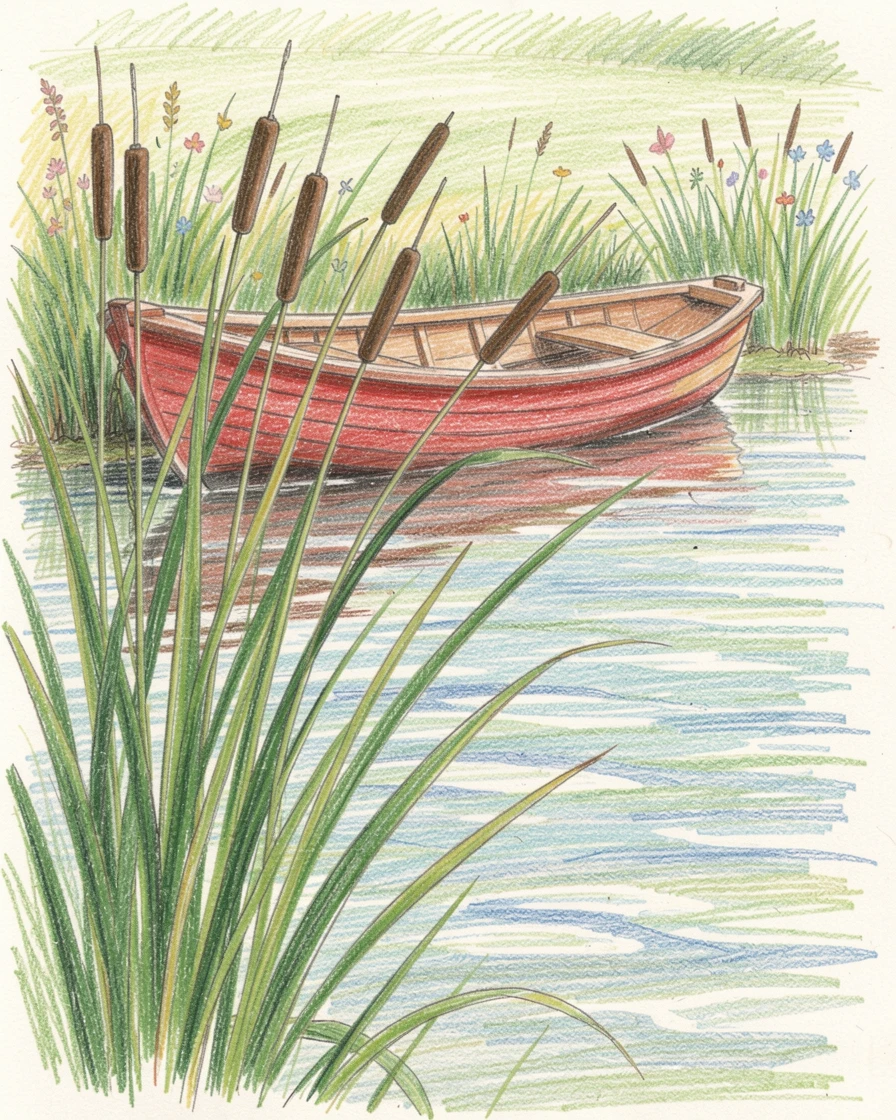 A pastoral pond with cattails swaying beside a red rowboat, with rich, inviting textures throughout the scene, celebrating a moment people would love to revisit.