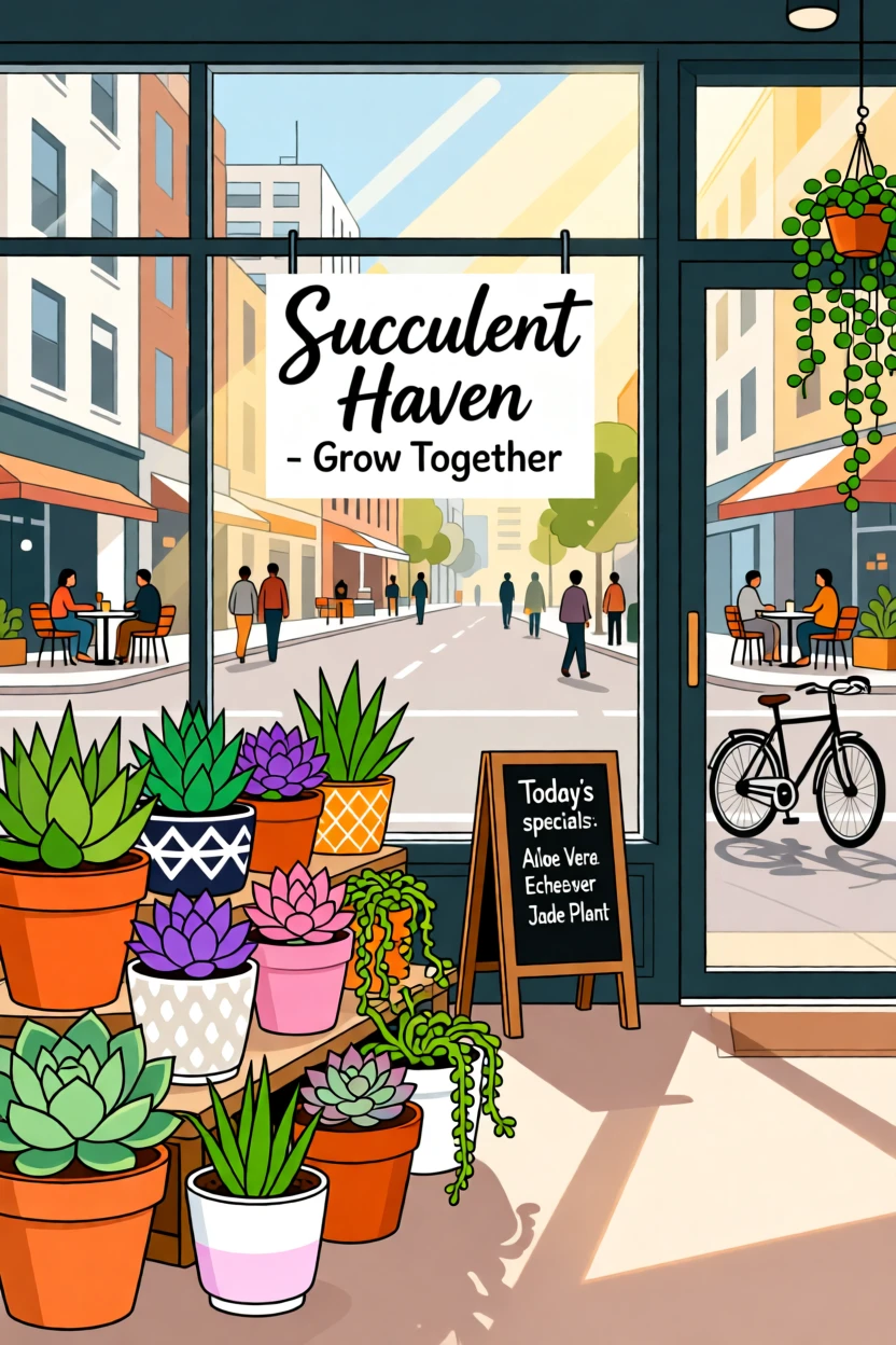 A trendy plant shop with rows of colorful potted succulents, set against a backdrop of a lively city street, composed with warm natural light and relaxed framing, with a sense of community and connection in every detail.