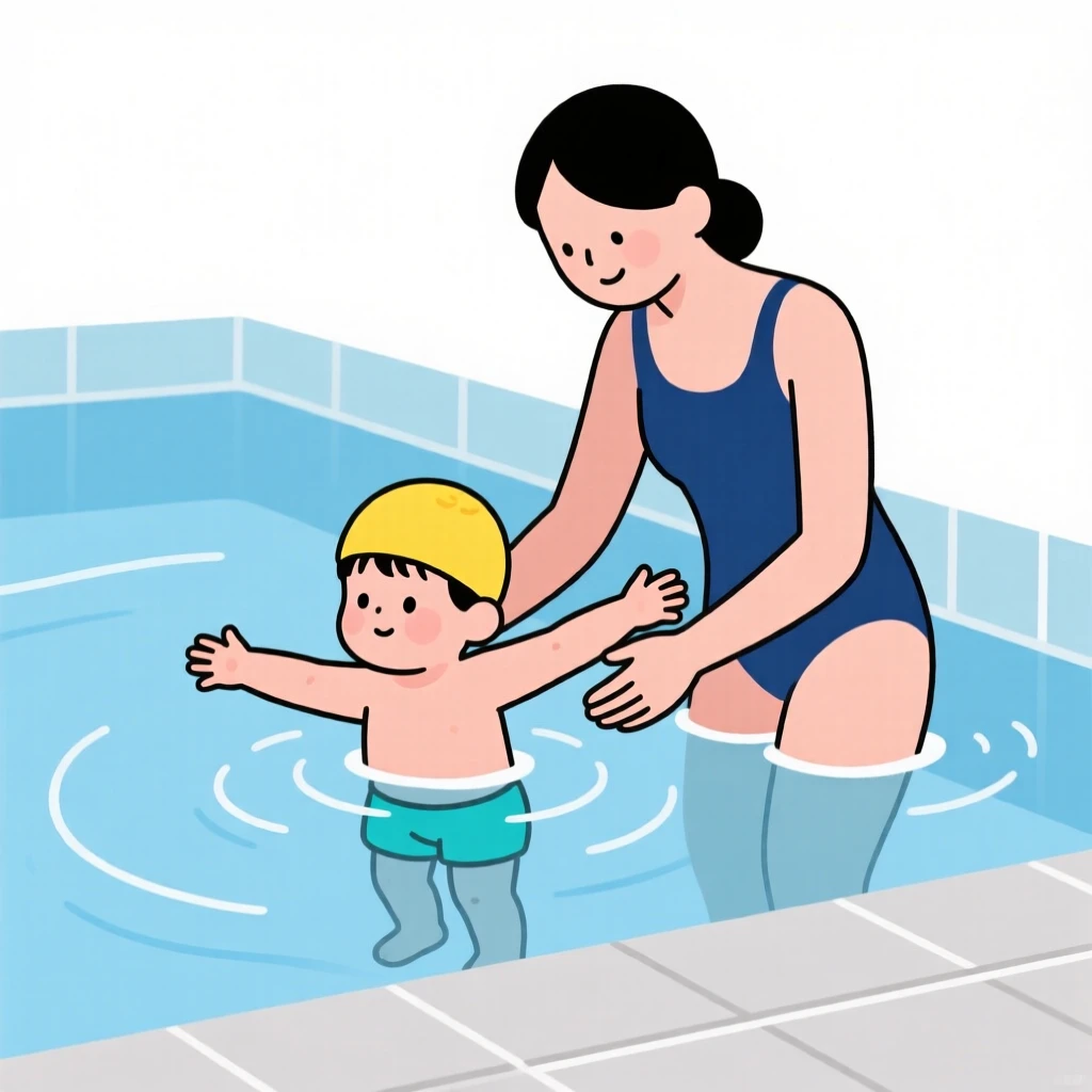 A child learning to swim with the gentle help of a parent.