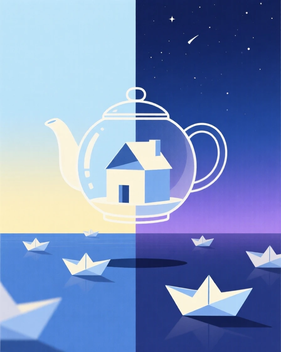 A tiny house built inside a teapot floating above a horizon where day meets night, surrounded by paper boats sailing on air, radiating quiet enchantment.