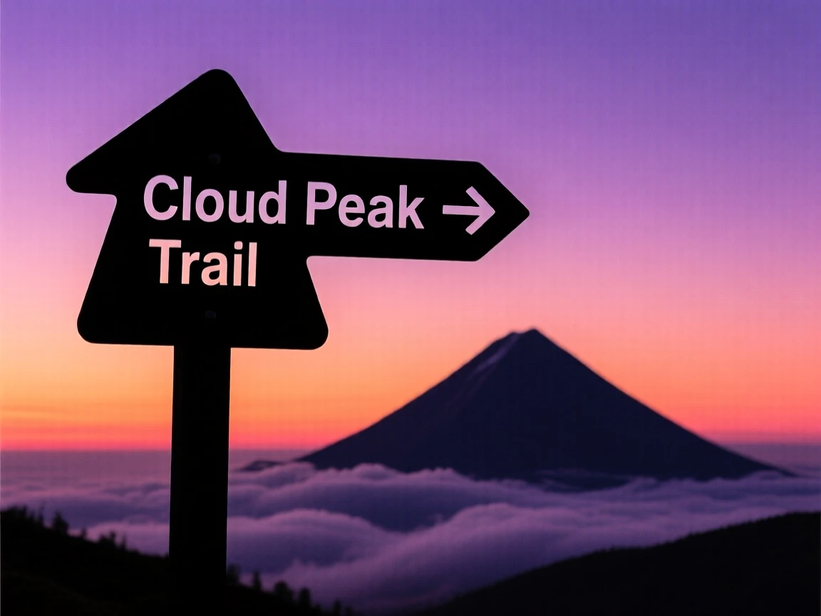 A quiet trailhead sign pointing toward a distant, cloud-covered peak.