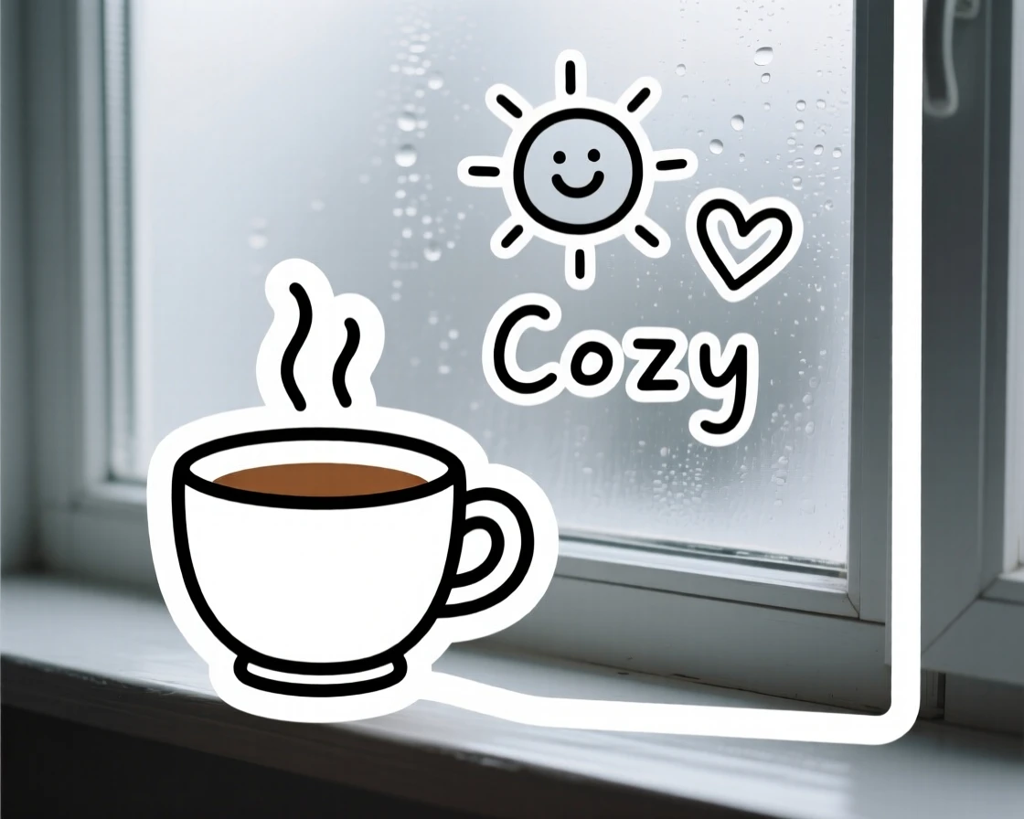 A delightfully relatable cup of tea beside a fogged-up window with a doodle drawn on it, captured in a candid, feel-good moment, a small joyful moment worth capturing.