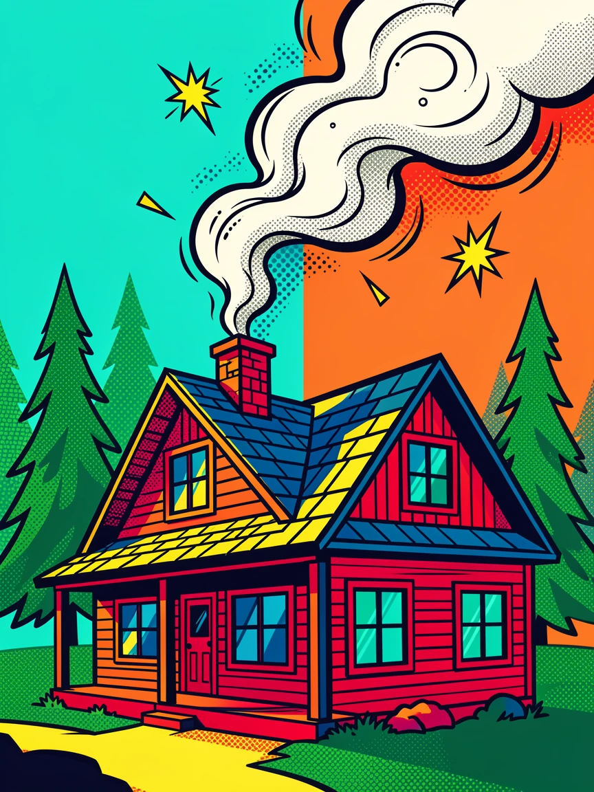 A rustic mountain lodge with smoke curling from its chimney