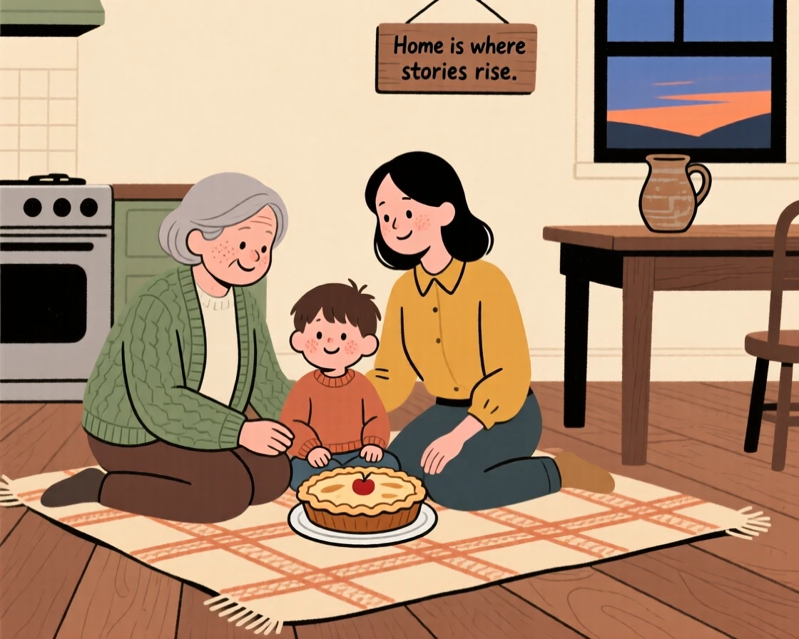 Three generations of a family gather around a picnic blanket in the farmhouse kitchen, sharing a warm apple pie and stories as evening settles in outside.