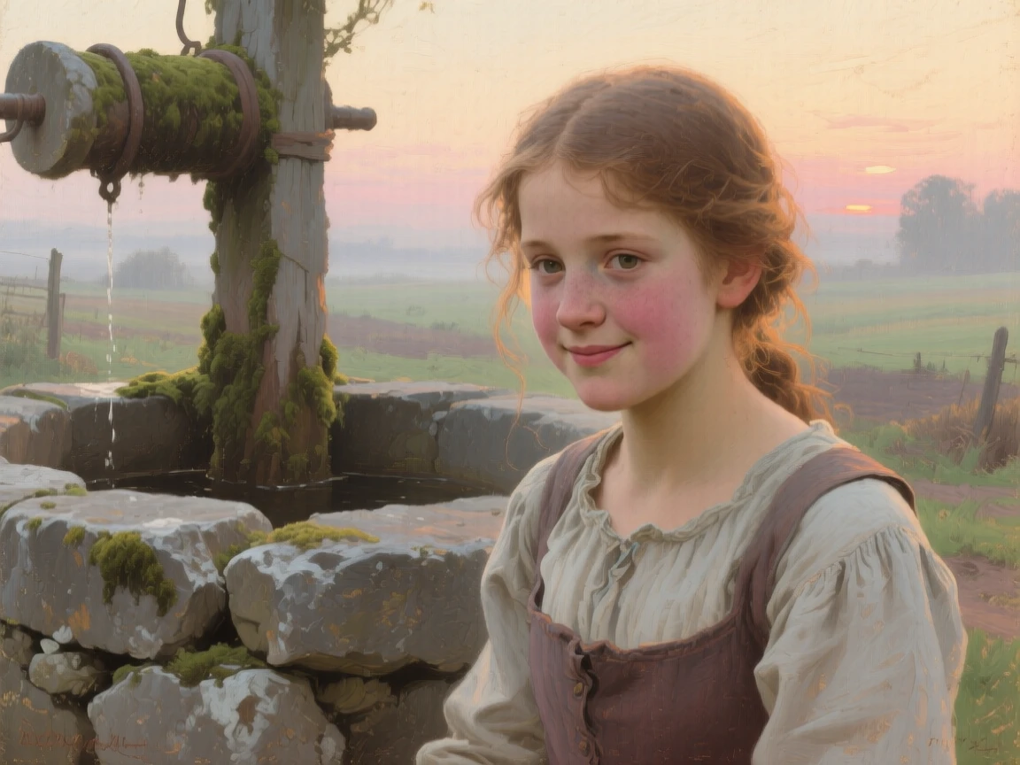 A close-up portrait of a farm girl beside an old stone well, radiating quiet contentment, at dawn.