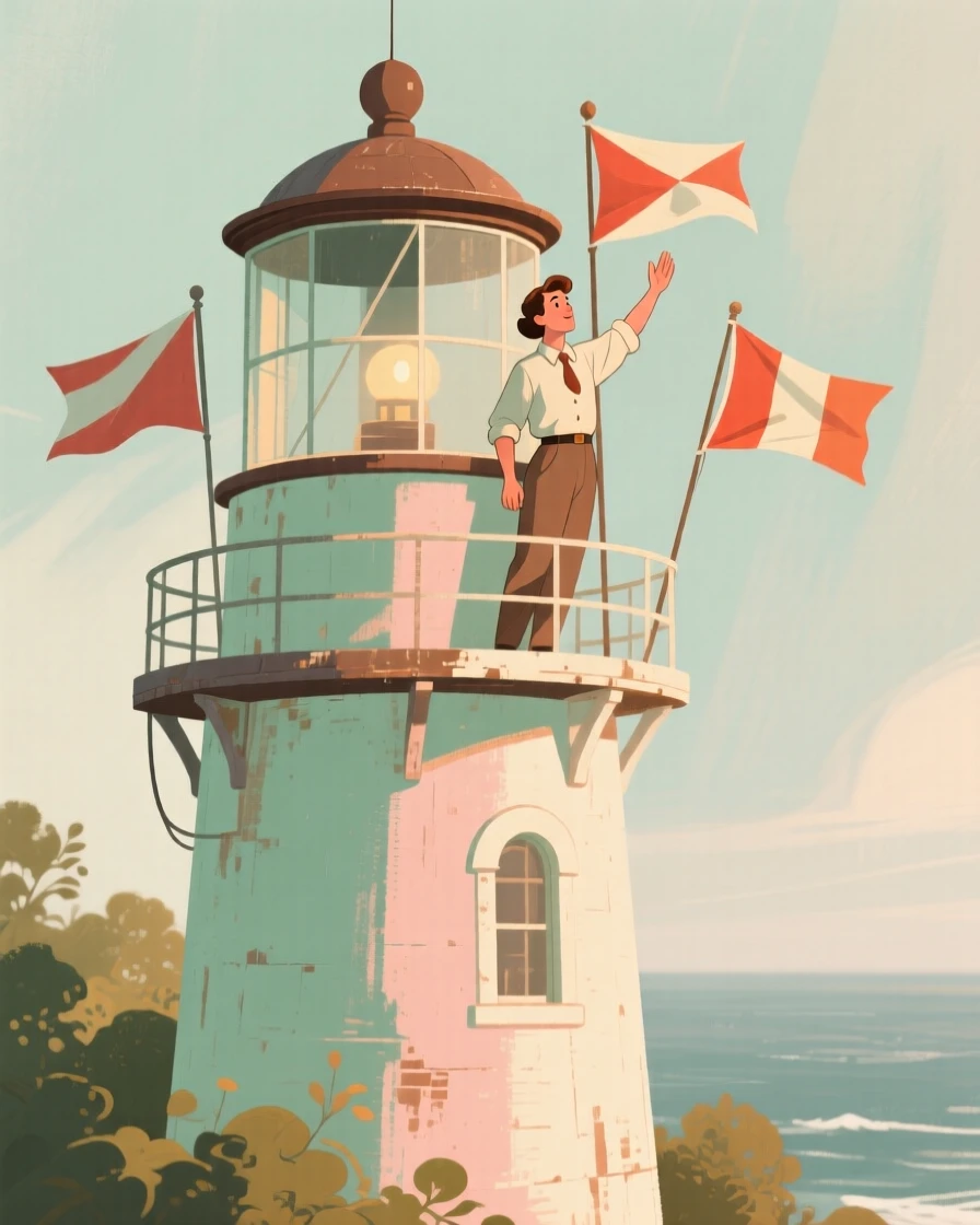 A signal operator waving flags from an old lighthouse tower
