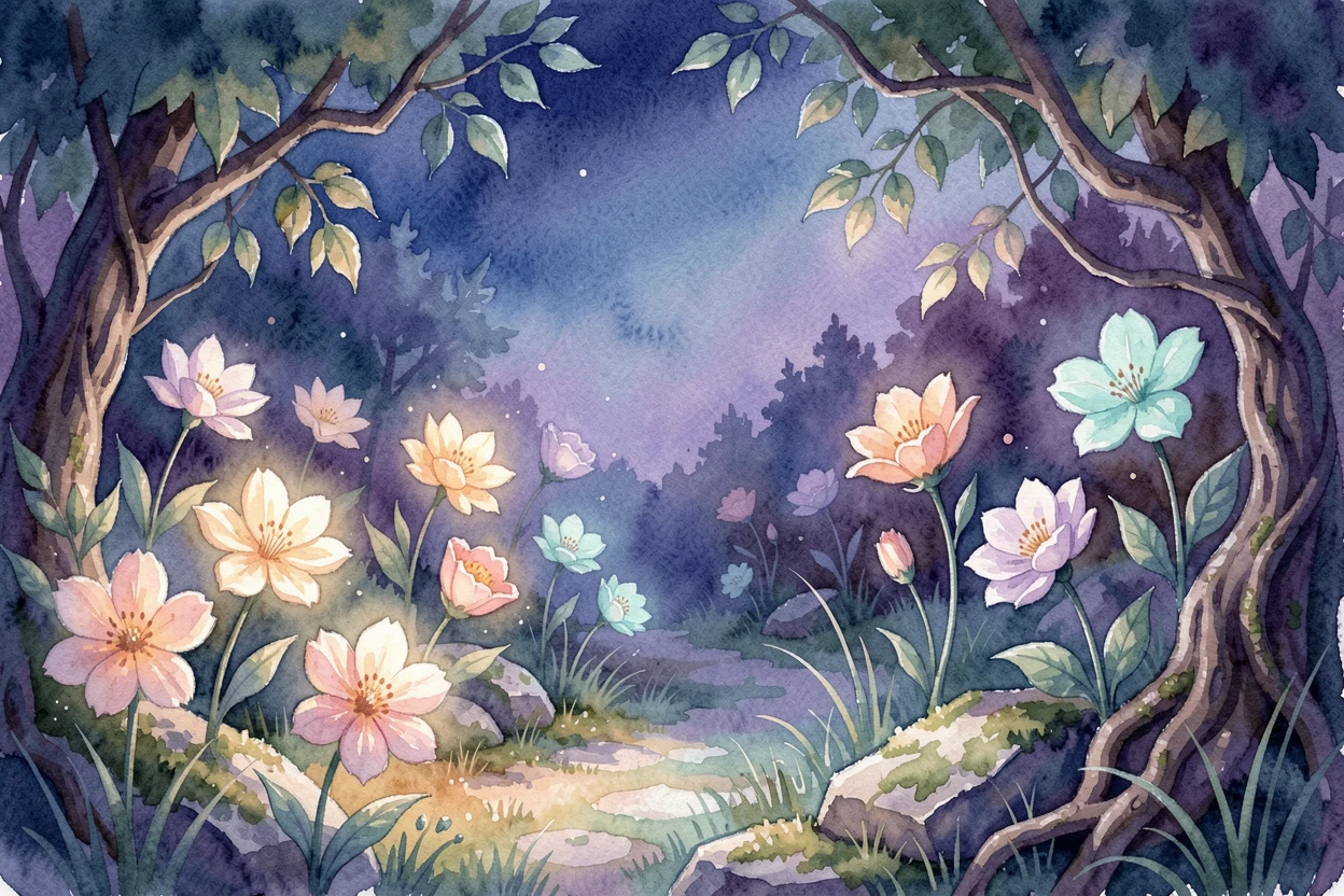 A enchanted garden where flowers glow softly at night.