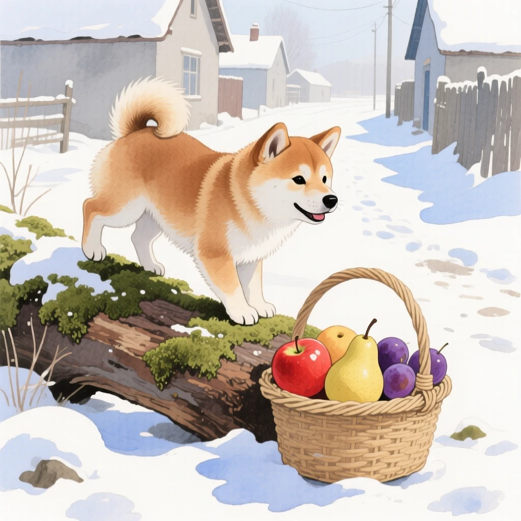 A Shiba Inu puppy climbs over a mossy log in a snowy village lane, beside a basket of ripe fruit