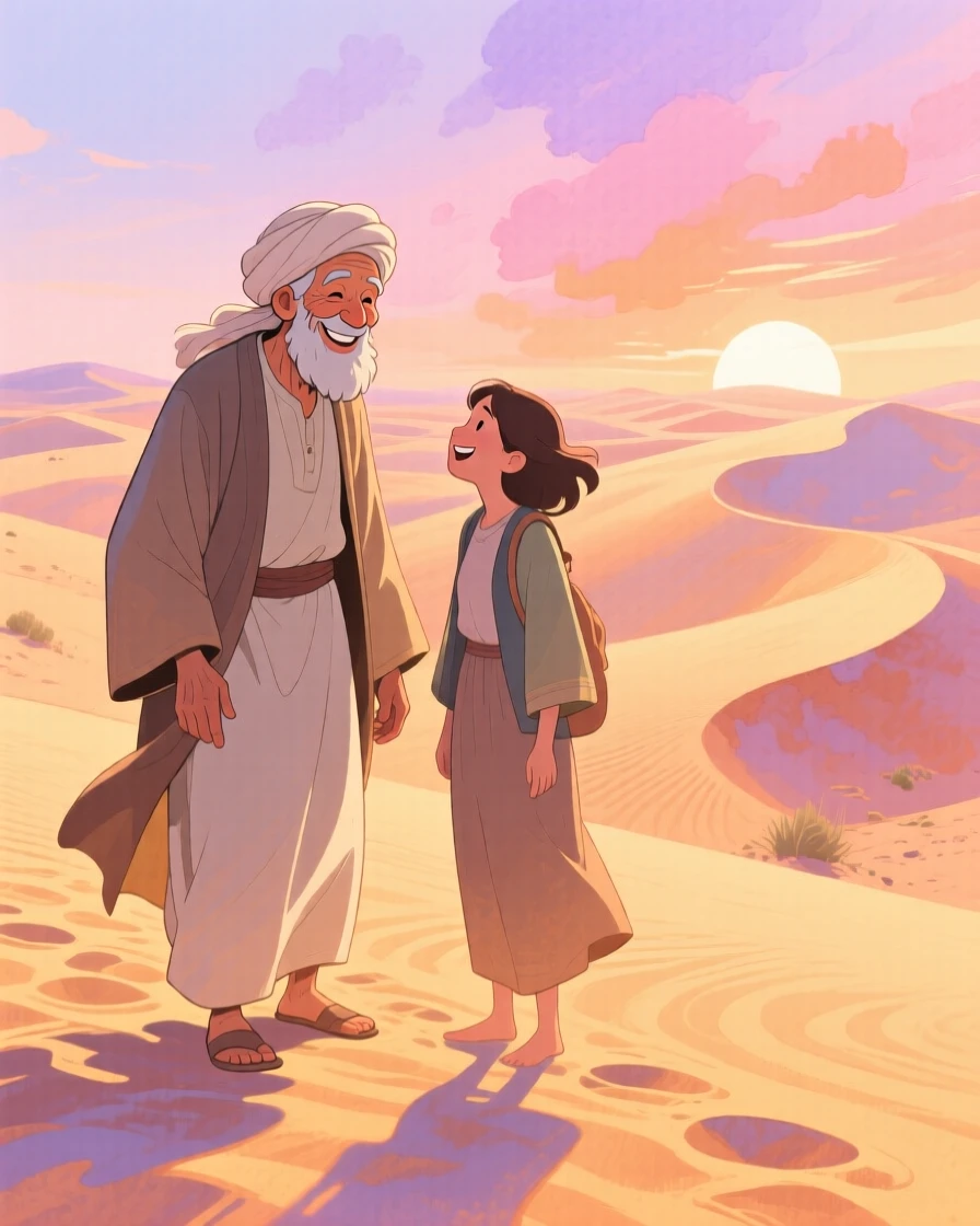 An elderly local shares a warm smile with a passerby amid the golden dunes of the Sahara at sunrise, capturing the wonder of discovering a new place.