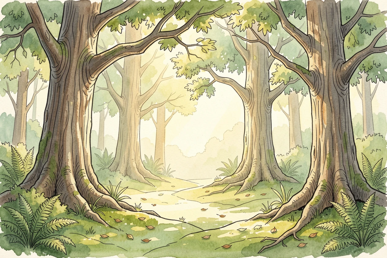 A sunlit clearing in an old growth forest carpeted with soft green moss, a sense of calm and vastness filling the open space.