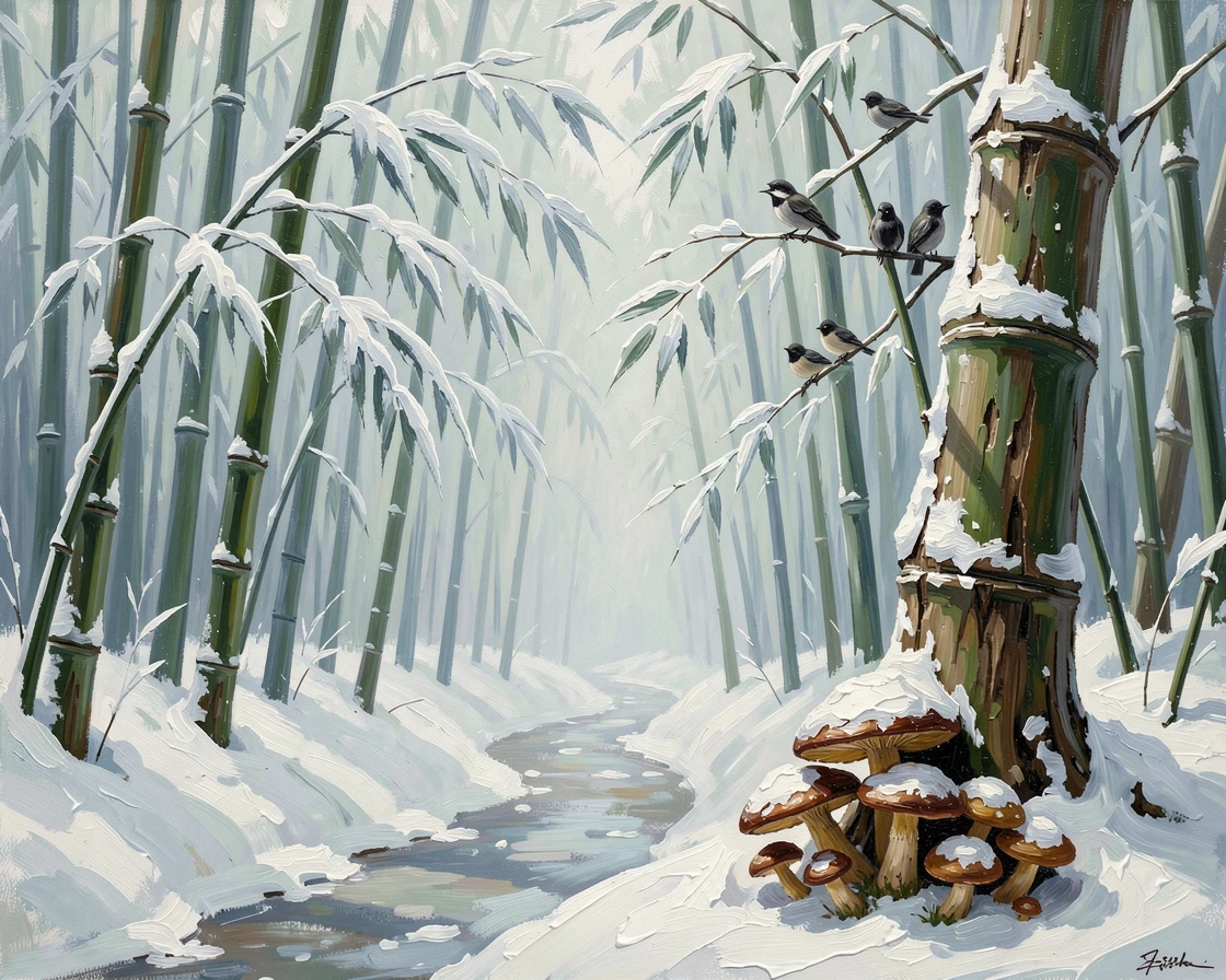 A quiet path winding through a bamboo forest, birdsong echoing through the still air, where wild mushrooms cluster at the base of an ancient trunk, under fresh snowfall, branches bowed with white.