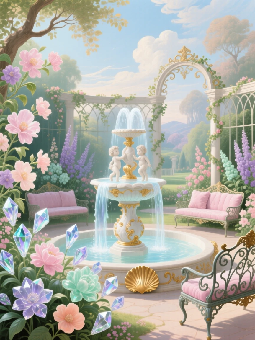 A garden of crystal flowers surrounding a fountain of glowing water  