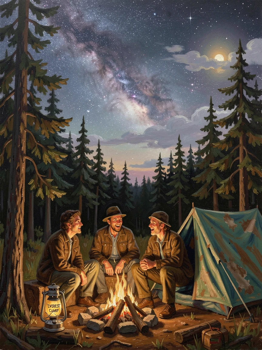 A group of friends camping beneath a sky ablaze with the Milky Way, as dramatic natural light enhances the excitement of the journey, celebrating exploration, discovery, and unforgettable experiences