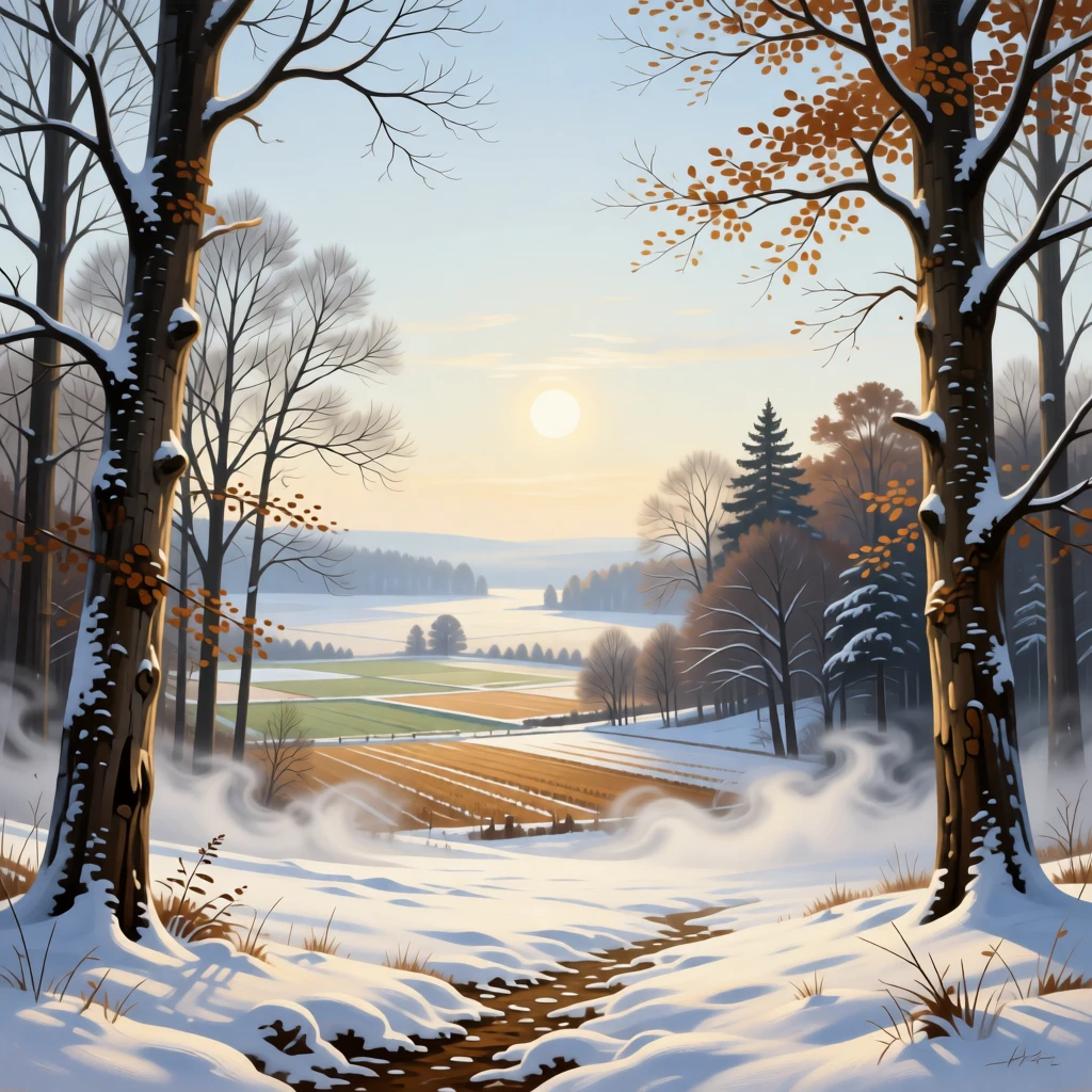 A snow-covered forest clearing beneath a pale winter sun stretching endlessly toward a hazy, distant horizon, set at the edge where cultivated land meets wild nature, with mist curling low along the ground in the cool morning air; foreground detail frames a sweeping, luminous background, capturing a fleeting, golden moment worth preserving forever.