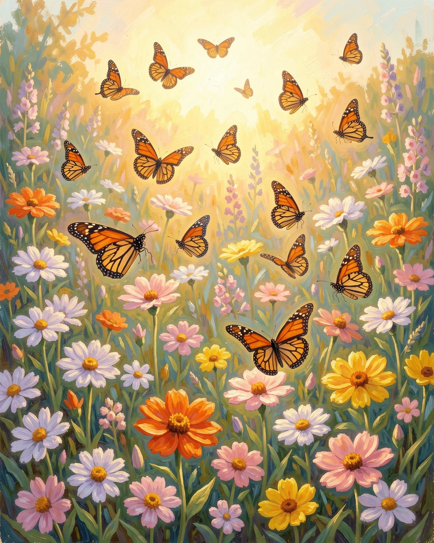 A butterfly garden bursting with color, dozens of monarchs and swallowtails drifting among wildflowers, at golden sunrise, radiating serenity and gentle stillness.