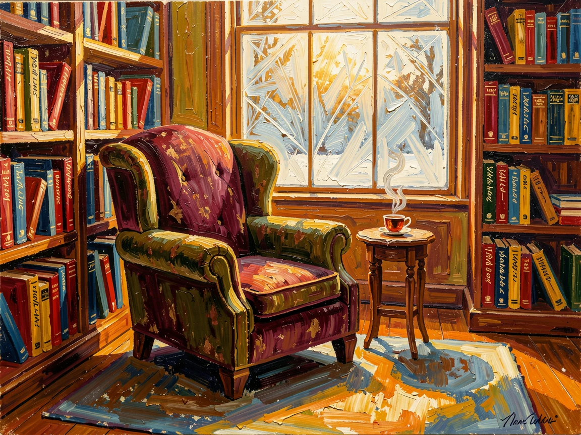 A quiet library reading nook bathed in the last golden light of a winter afternoon.