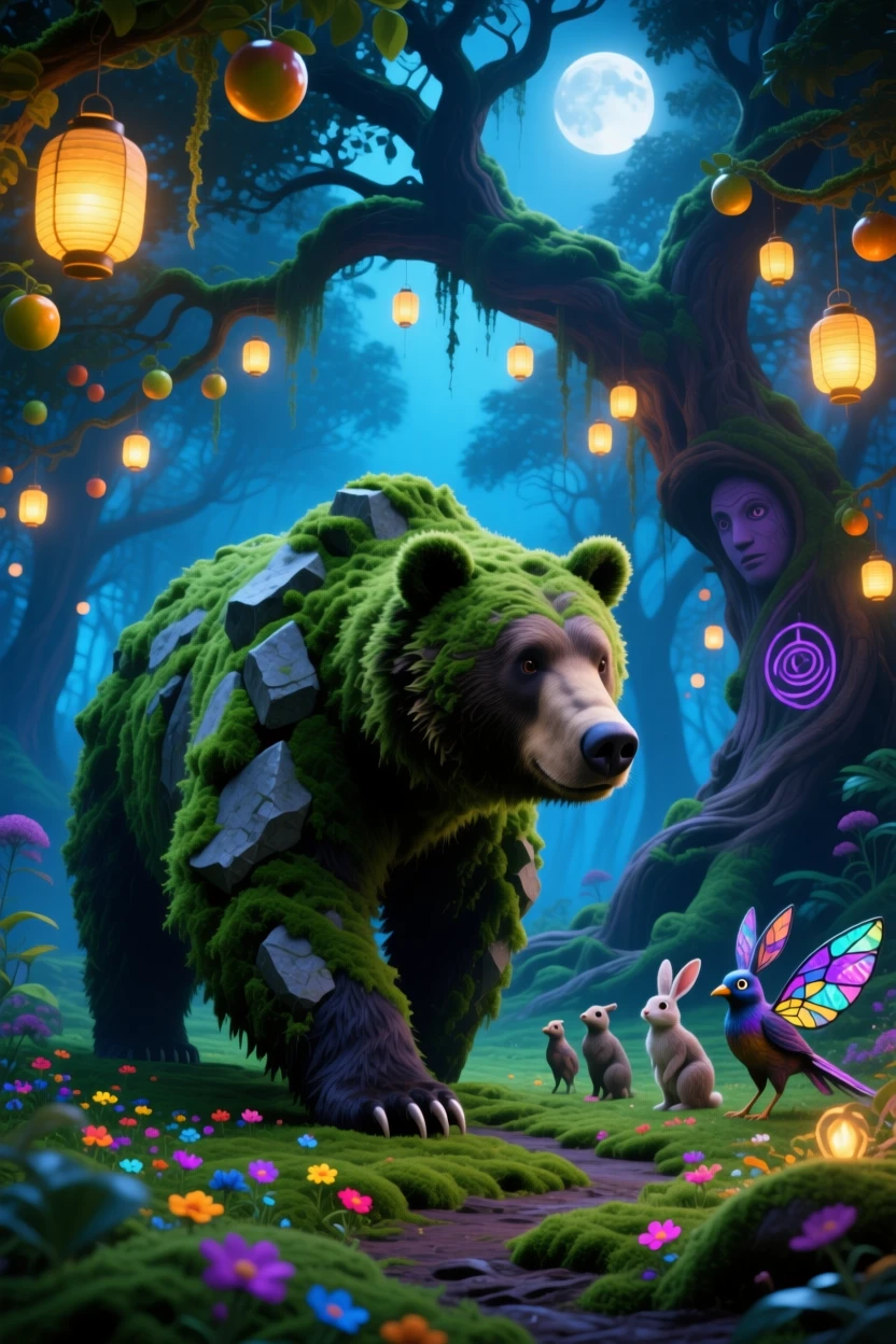 A bear made of moss and stone walking through a quiet glade pauses beneath a tree hung with glowing lanterns, as small creatures gather quietly to watch it pass.