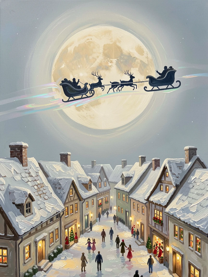 A magical Christmas Eve scene shows a sleigh silhouette crossing a full moon above a snow-covered village rooftop, the atmosphere charged with music, movement, and a shared sense of celebration.