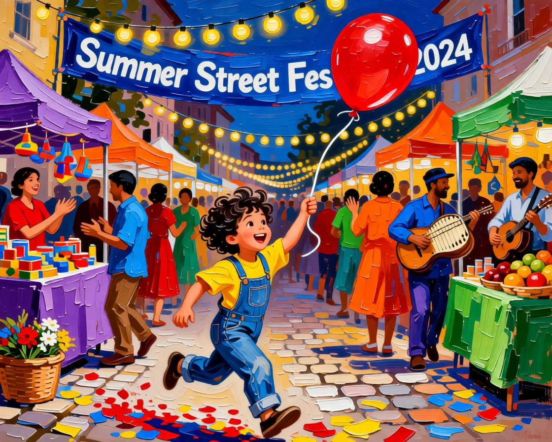 A child chasing a runaway red balloon through a crowded, colorful street festival